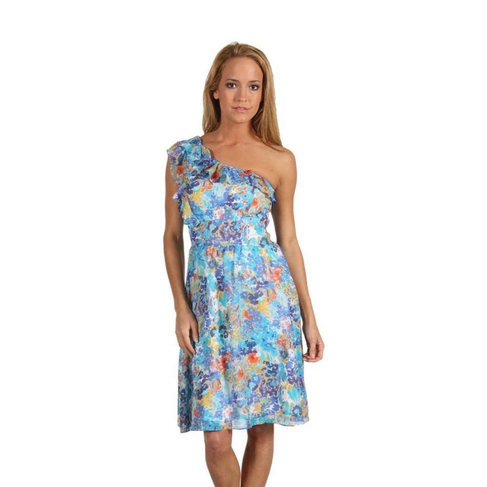 Tahari ASL Keeli Floral One Shoulder Ruffle Midi Dress Size 6 NWT Wedding Guest
